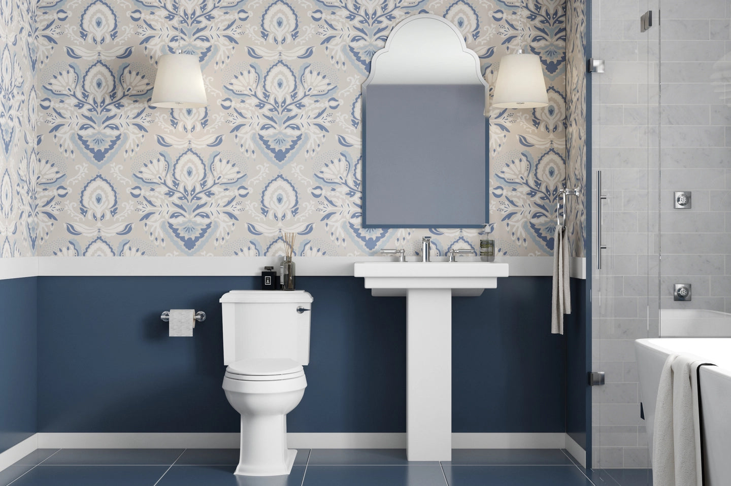 Spacious Contemporay Bathroom With Blue Floor And Wainscotting