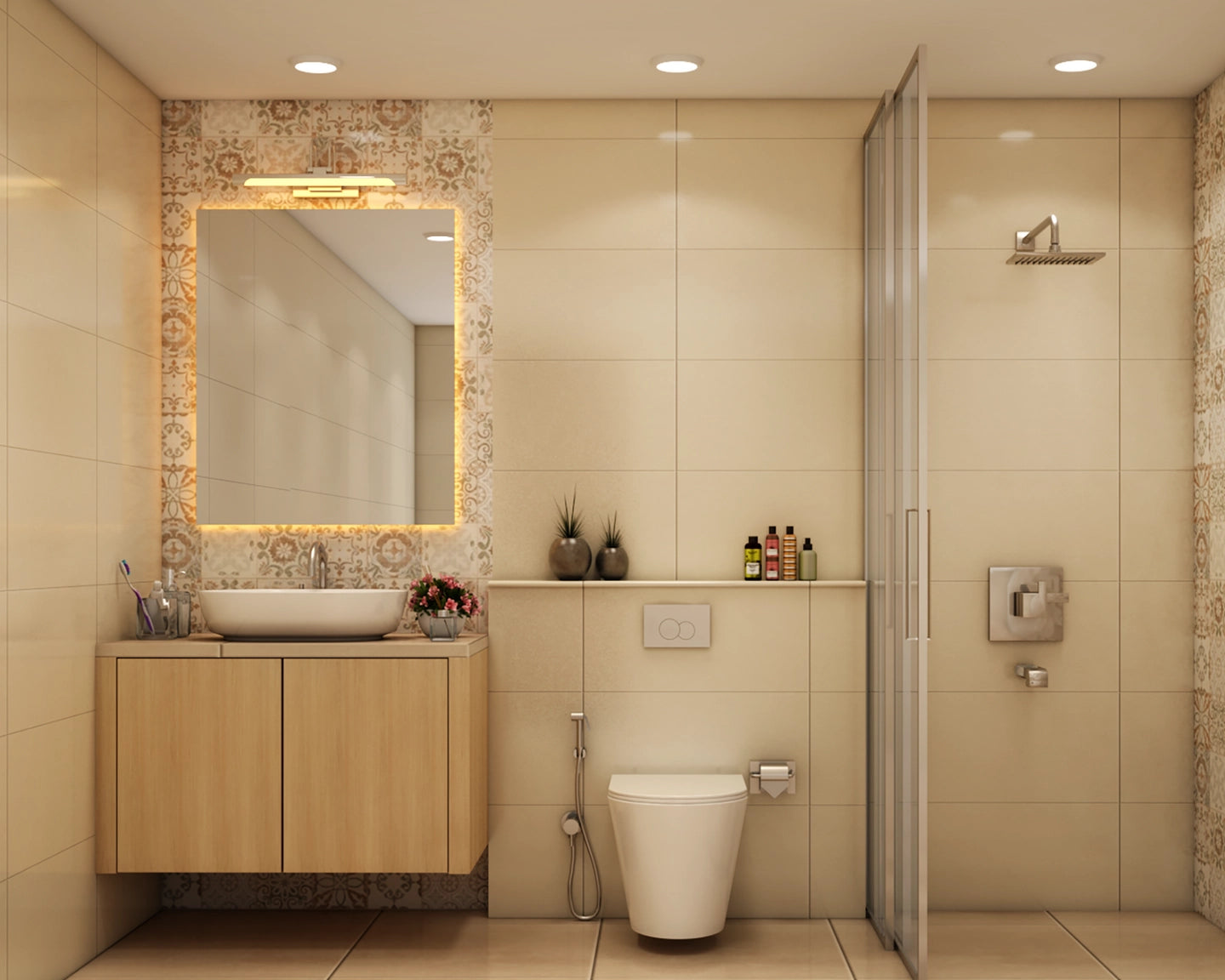 Compact Beige Bathroom Design With Backlit Vanity Mirror