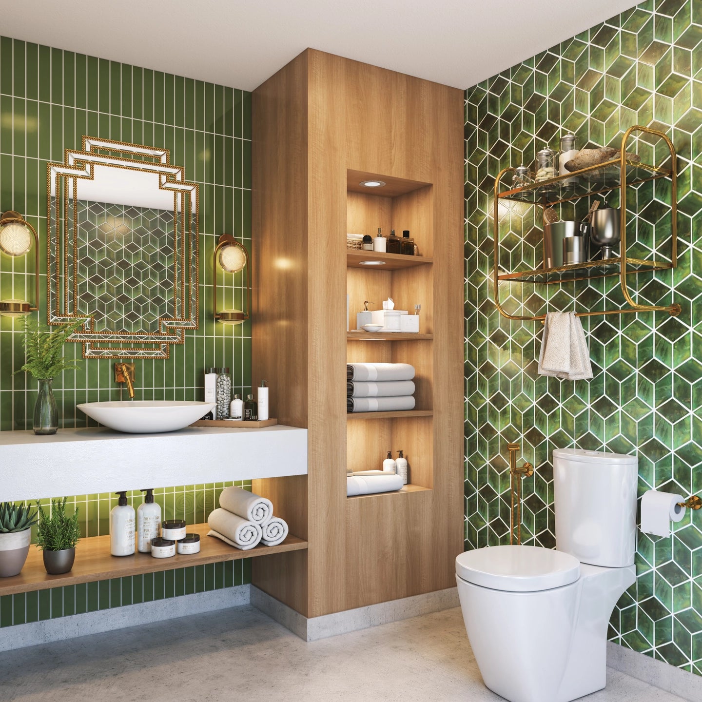 Spacious Modern Green Bathroom With Brass Furnishings