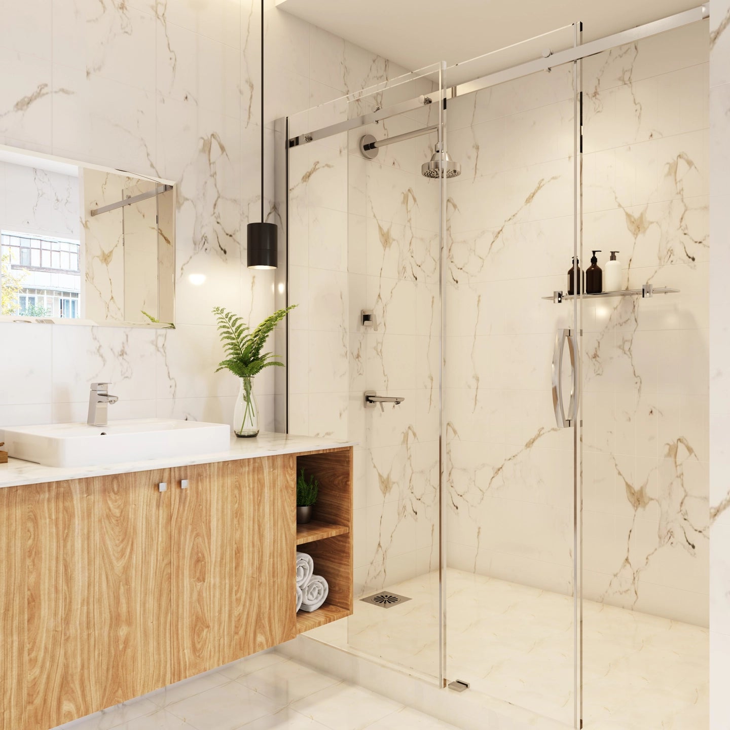 Premium Marble Finished Modern Bathroom With Minimal Storage