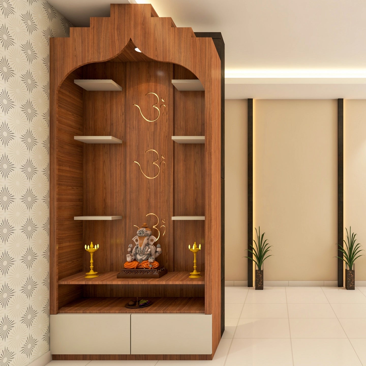 Classic Open Pooja Room Design with Jali Pattern Door and Storage