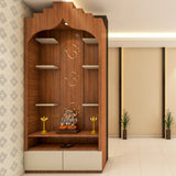 Classic Open Pooja Room Design with Jali Pattern Door and Storage