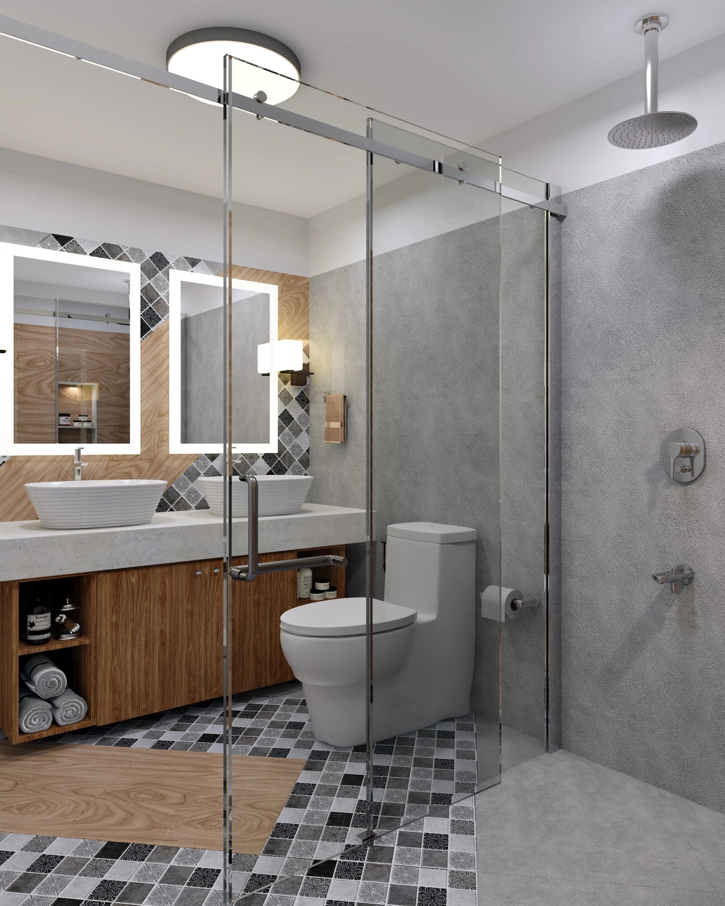 Small Contemporary Bathroom With Vinyl Record Design On Wall And Floor
