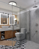 Small Contemporary Bathroom With Vinyl Record Design On Wall And Floor