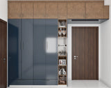 Blue and Wood Laminate Hinged Modern Wardrobe Design with Loft