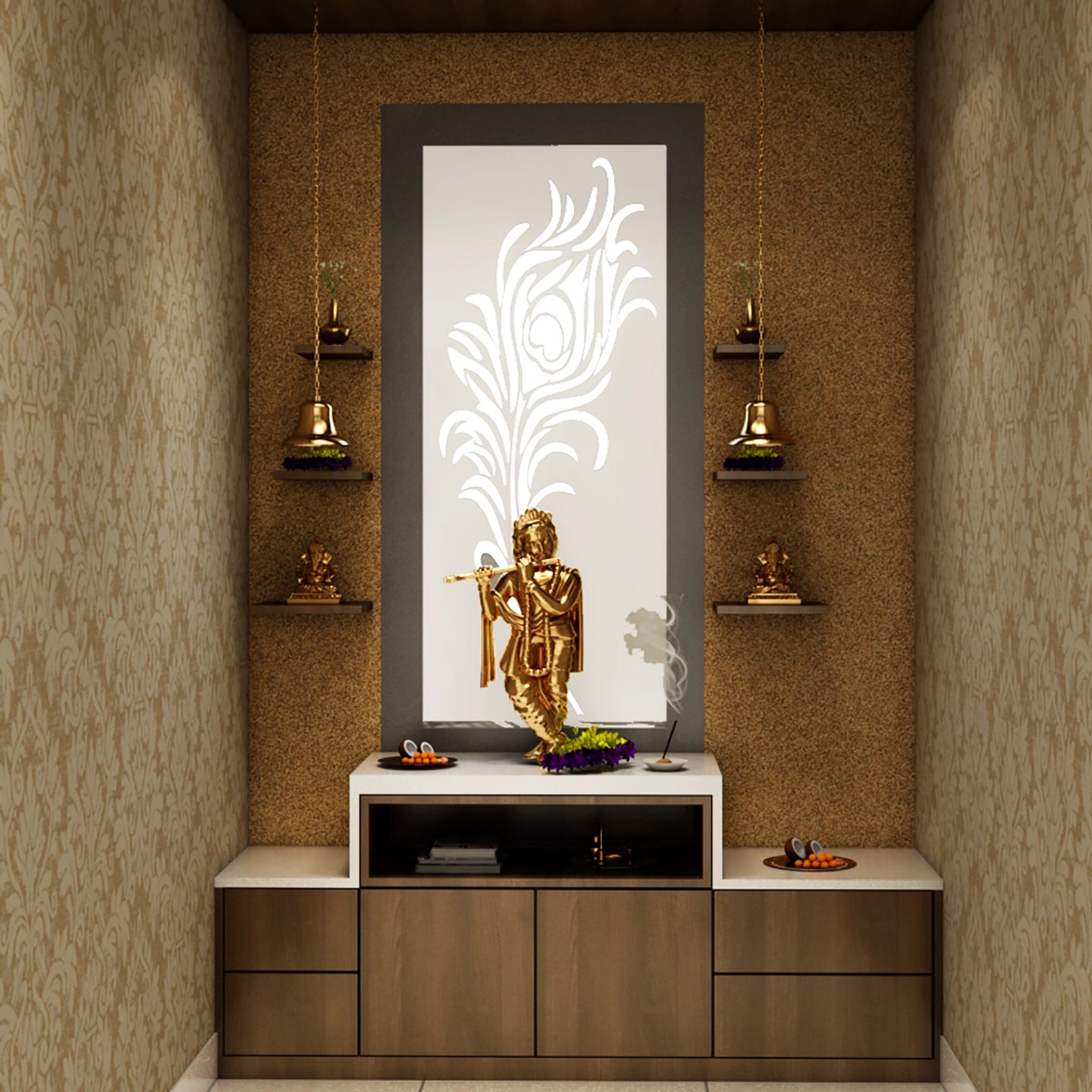 Modern Prayer Room Design with Storage Drawers