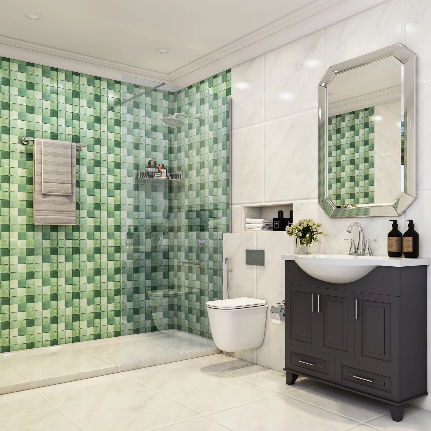 Small Contemporary Bathroom With Mosaic Tiles