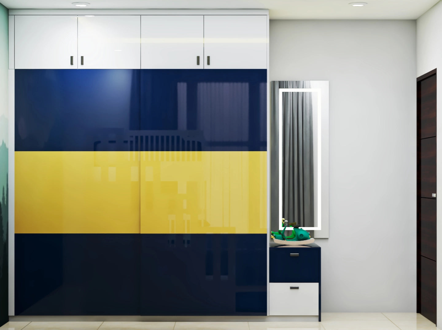 Colourful Straight Sliding Door Wardrobe Design with Loft Storage