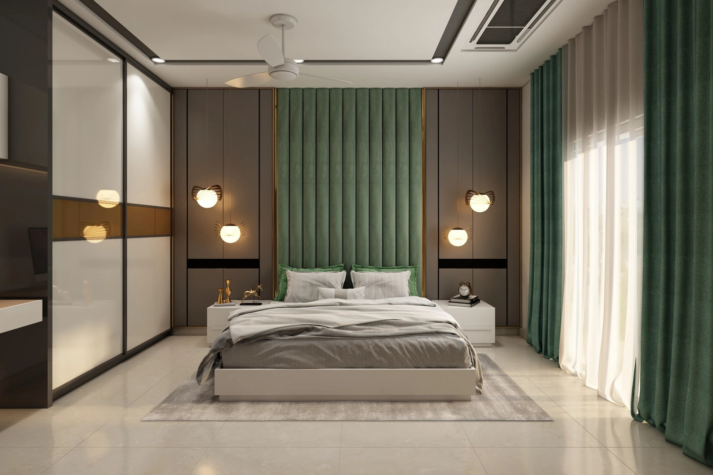 Contemporary Guest Bedroom Design With Green Tufted Headboard