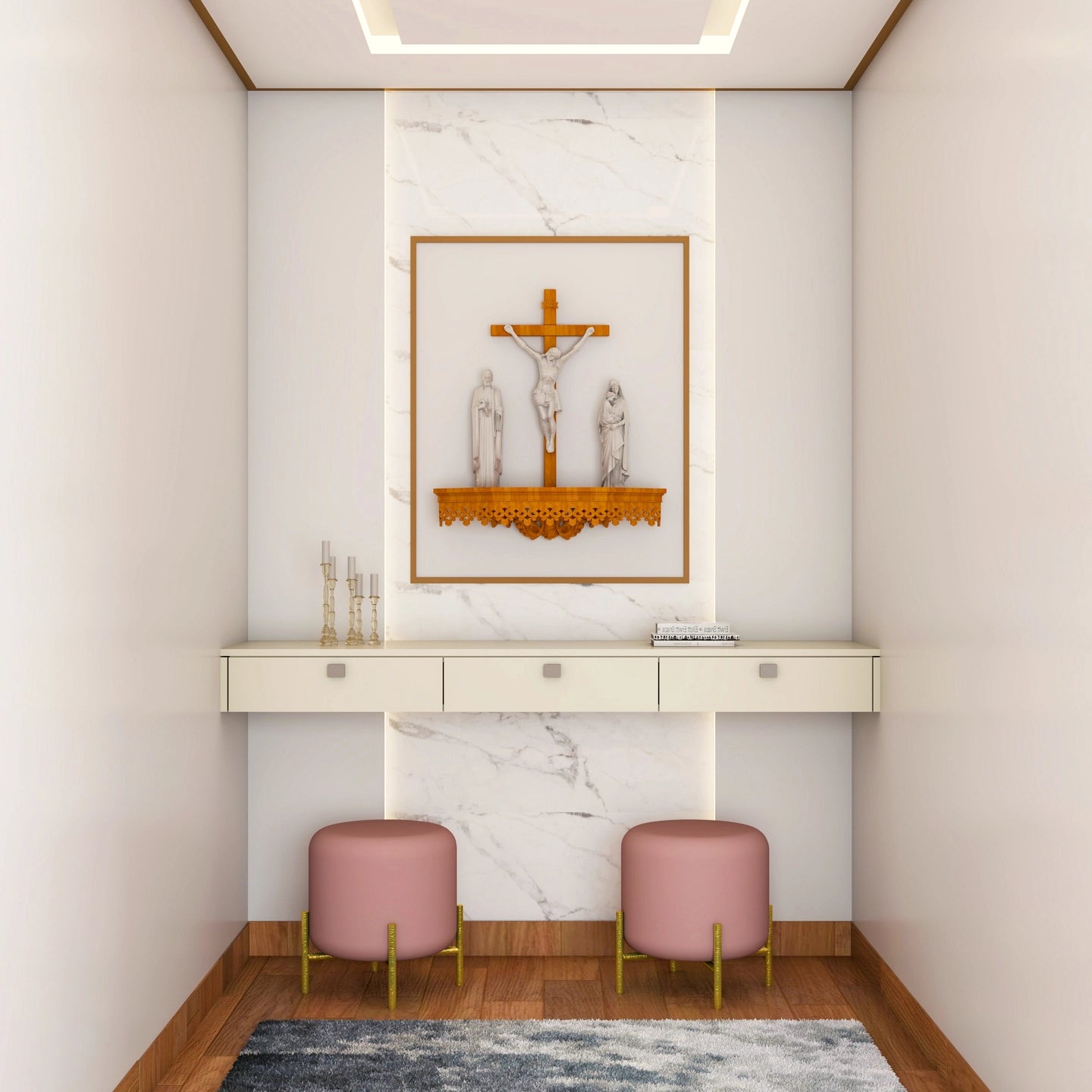 Compact White-Themed Prayer Room With Ledge