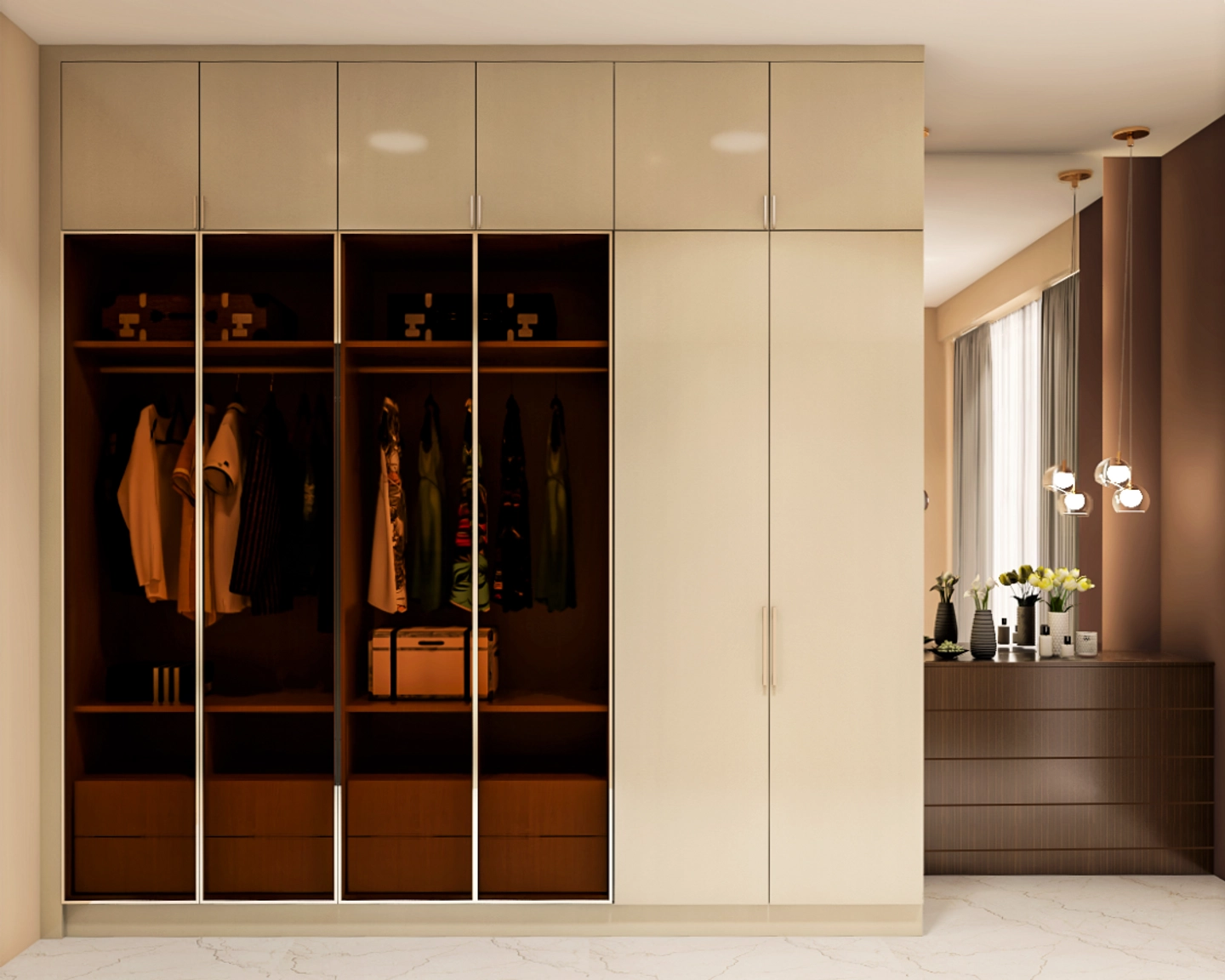 Contemporary Beige-Tinted Glass Wardrobe Design