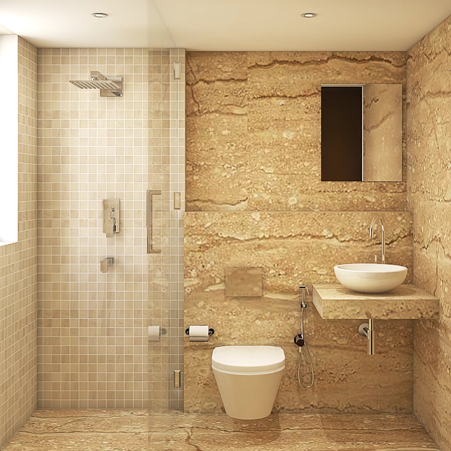 Compact Bathroom Design With Stone Cladding