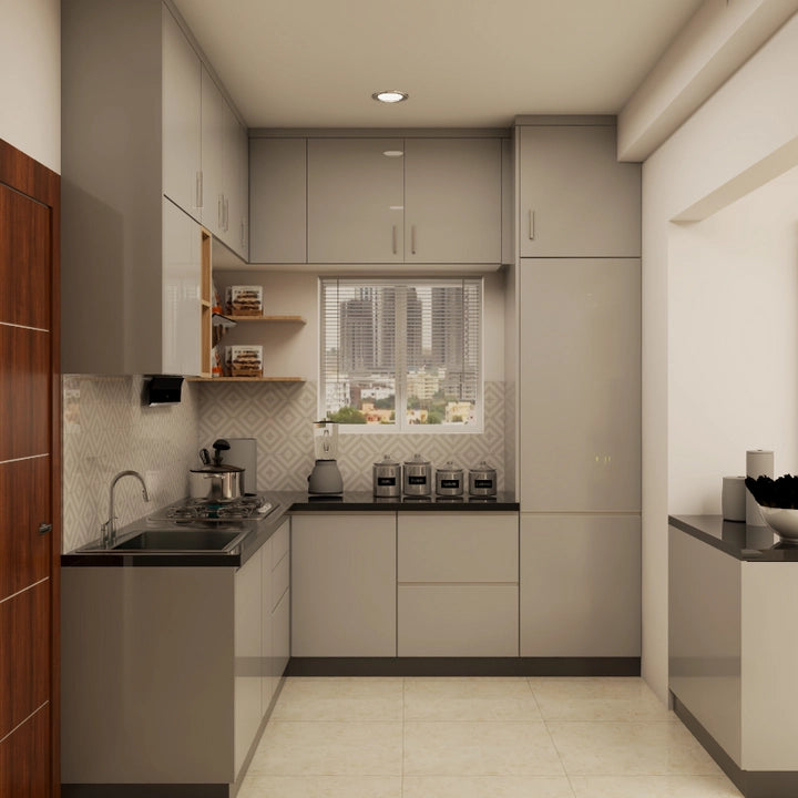 Compact Kitchen with Floating Shelves and Open Counter