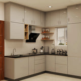Compact Kitchen with Floating Shelves and Open Counter