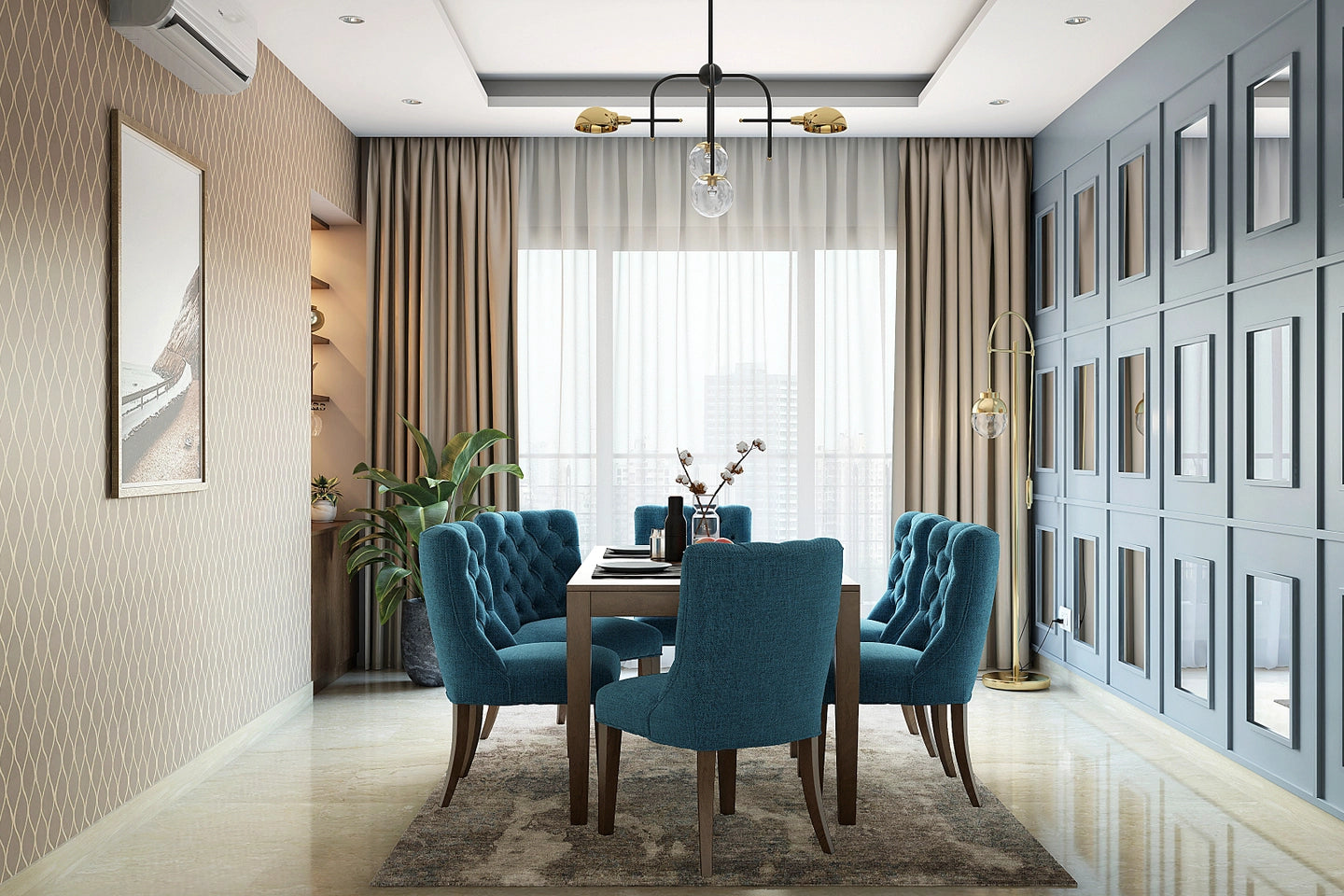 Contemporary 6-Seater Dining Room Design With Mirrored Wall