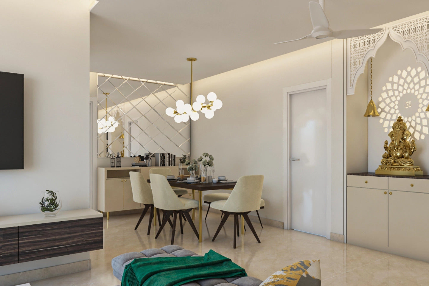 Compact Creamy White Dining Room With Mirror Paneling