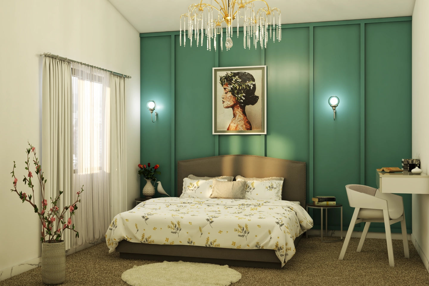Contemporary Guest Bedroom Design With Dark Green Accent Wall