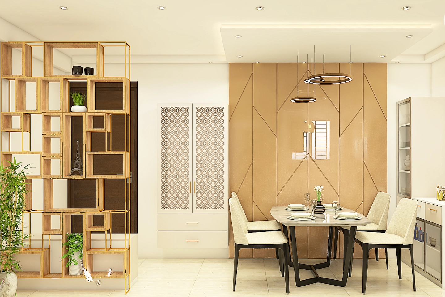 Contemporary Dining Room Design With Pooja And Crockery Unit