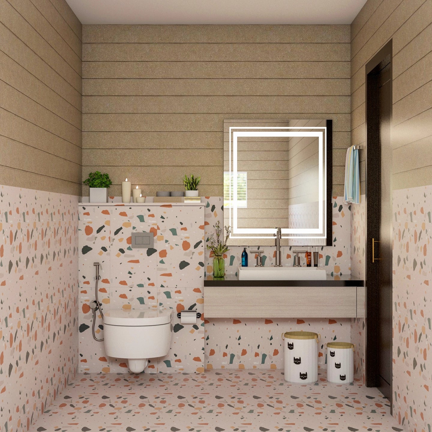 Compact Bathroom with Patterned Wainscoting