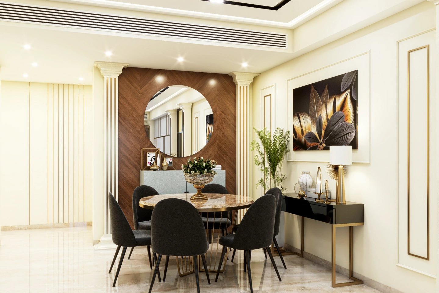 Contemporary Dining Room Design With Circular Dining Table And Black Dining Chairs