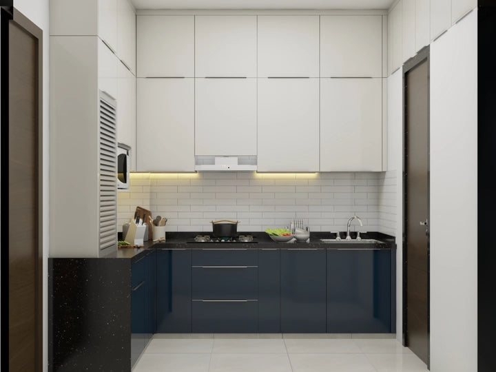Blue-White L-Shaped Modular Kitchen