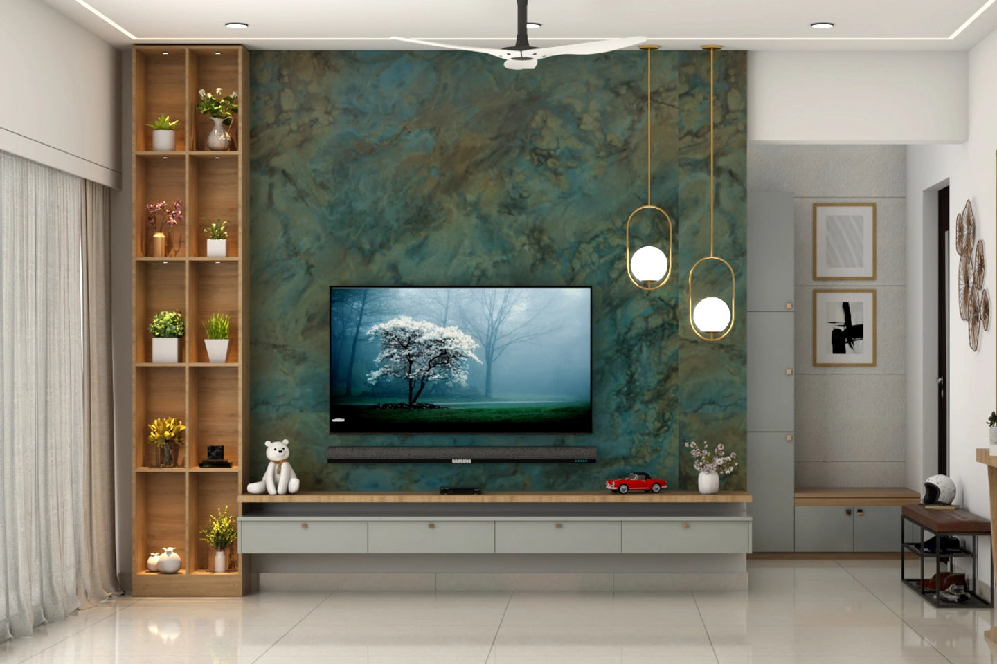 Contemporary Compact Living Room Design With Ample Storage And TV Unit