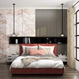 Contemporary Bedroom With Black Niche and Metallic Hanging Lights