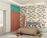 Compact Kid's Bedroom Design With Colourful Car Wallpaper