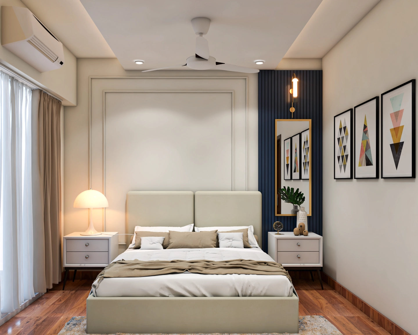 Compact Master Bedroom Design With Dark Blue Panels And White Trims
