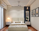 Compact Master Bedroom Design With Dark Blue Panels And White Trims