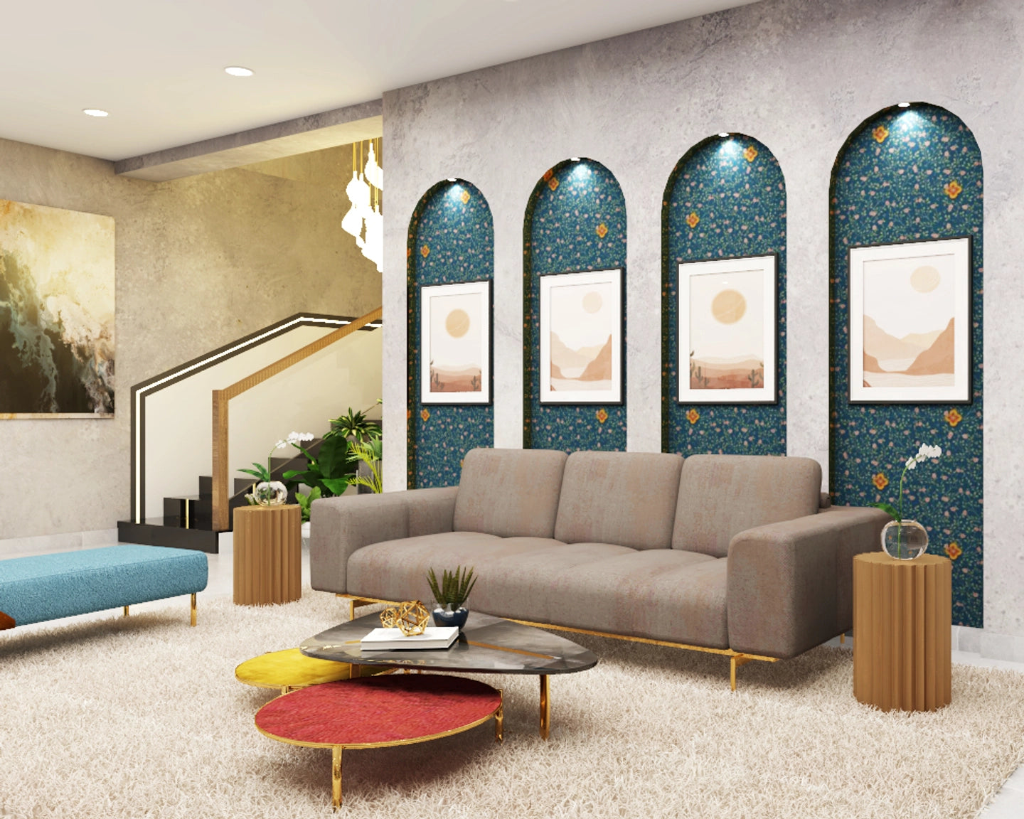 Brown Panelling Living Room Design with Grey Marble Finish