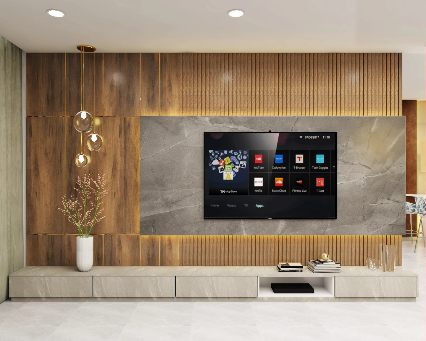 Brown Panelling Living Room Design with Grey Marble Finish