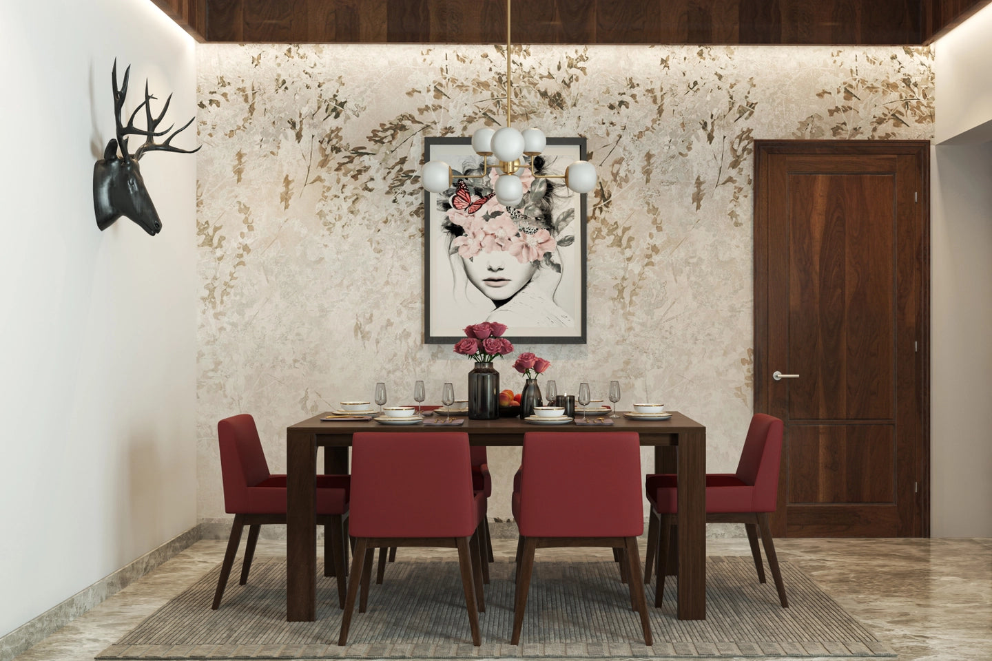 Bull Horn 6-Seater Dining Room with Wallpaper and Chandelier