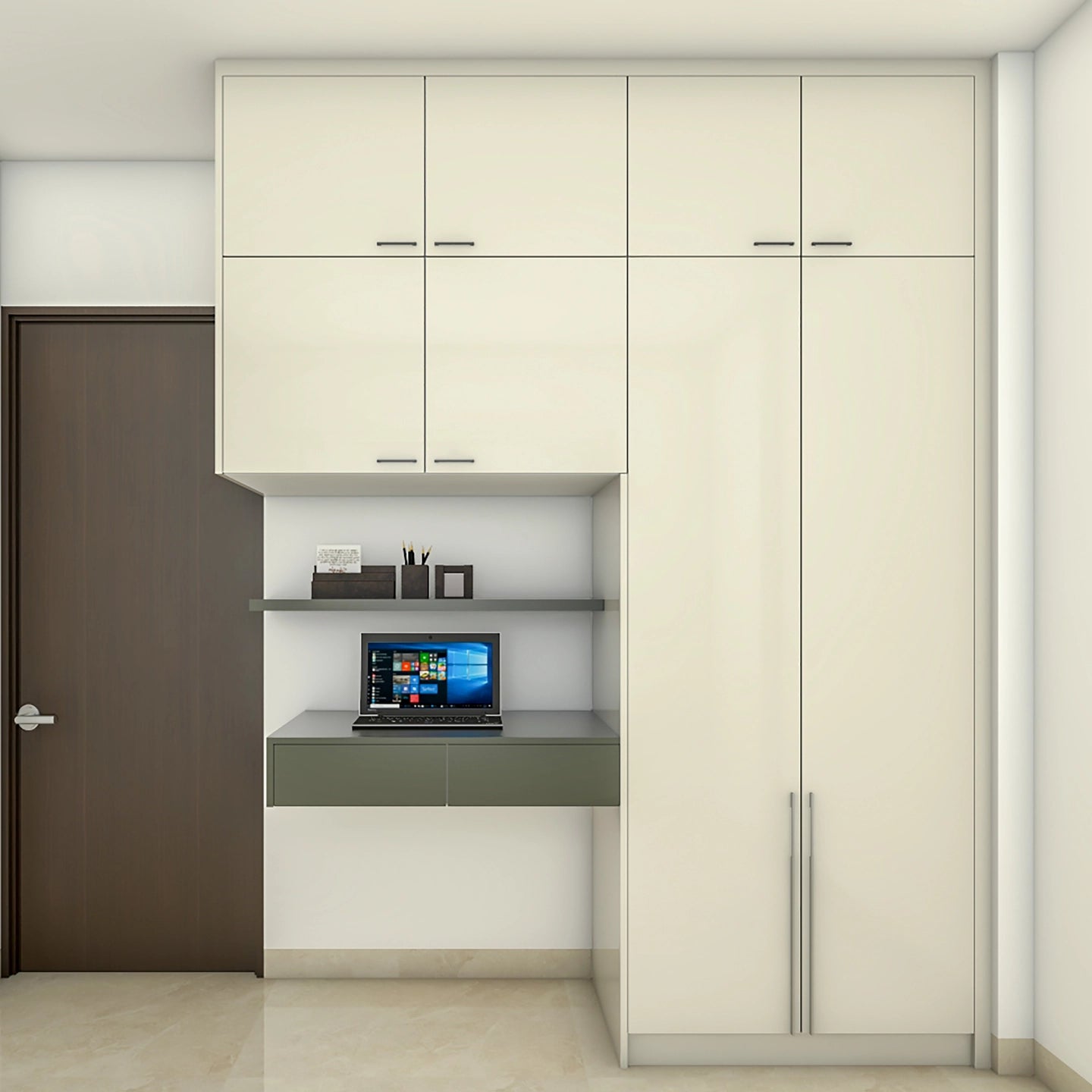 Contemporary Compact White Wardrobe Design With Glossy Finish