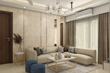 Compact Living Room Design with Mirror Panelling and L-shaped Sofa
