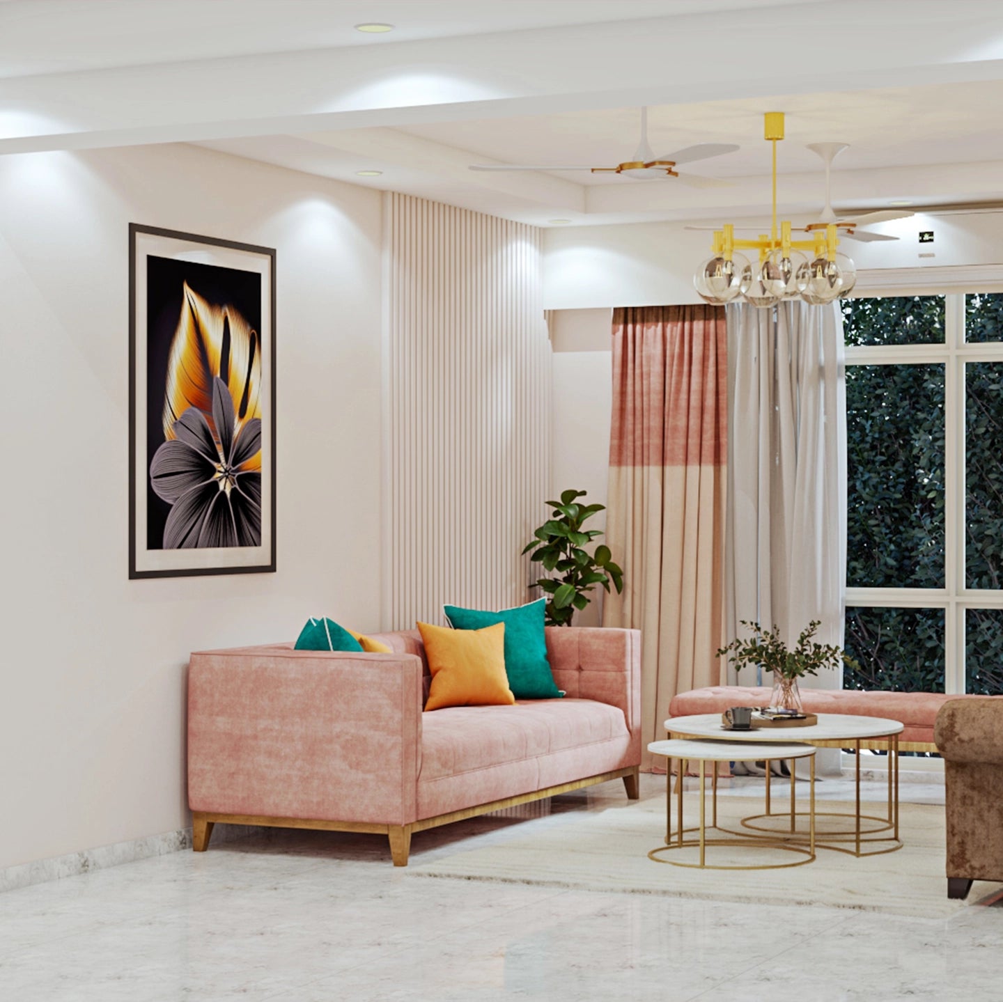 Compact Interior Design for Living Room with Brown Tufted Sofa