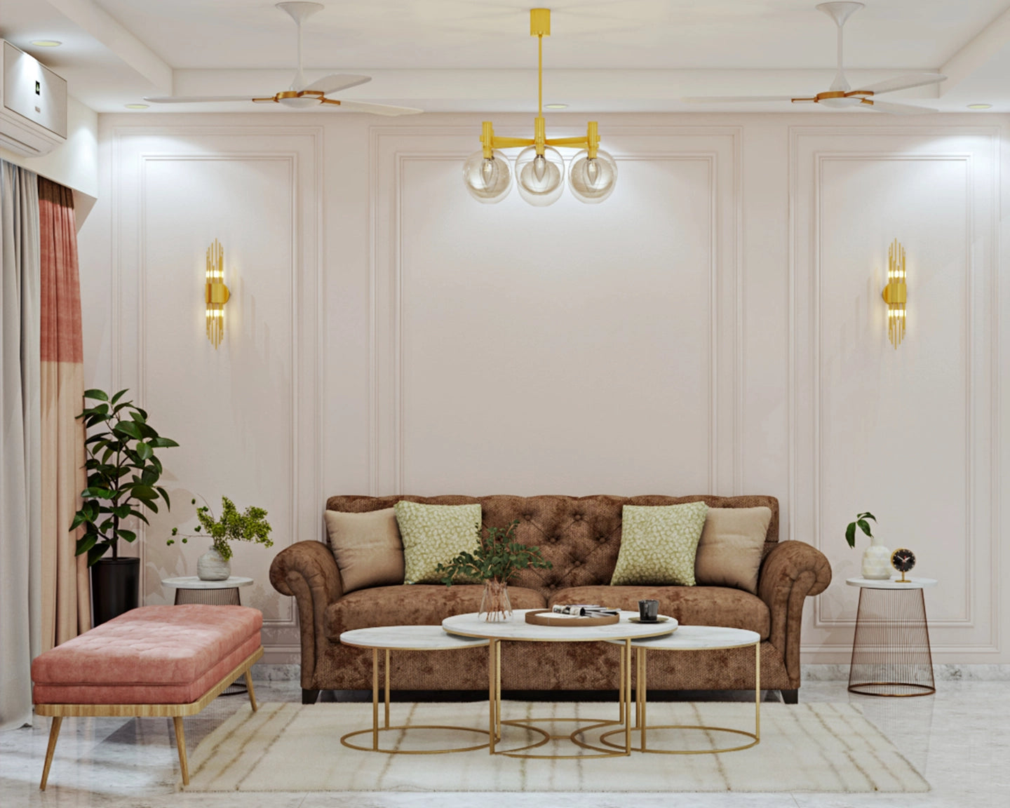 Compact Interior Design for Living Room with Brown Tufted Sofa