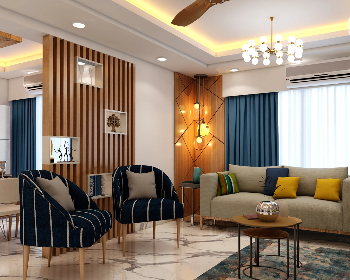 Contemporary Compact Living Room Design with Accent Wall and Chandelier