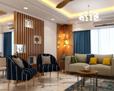 Contemporary Compact Living Room Design with Accent Wall and Chandelier