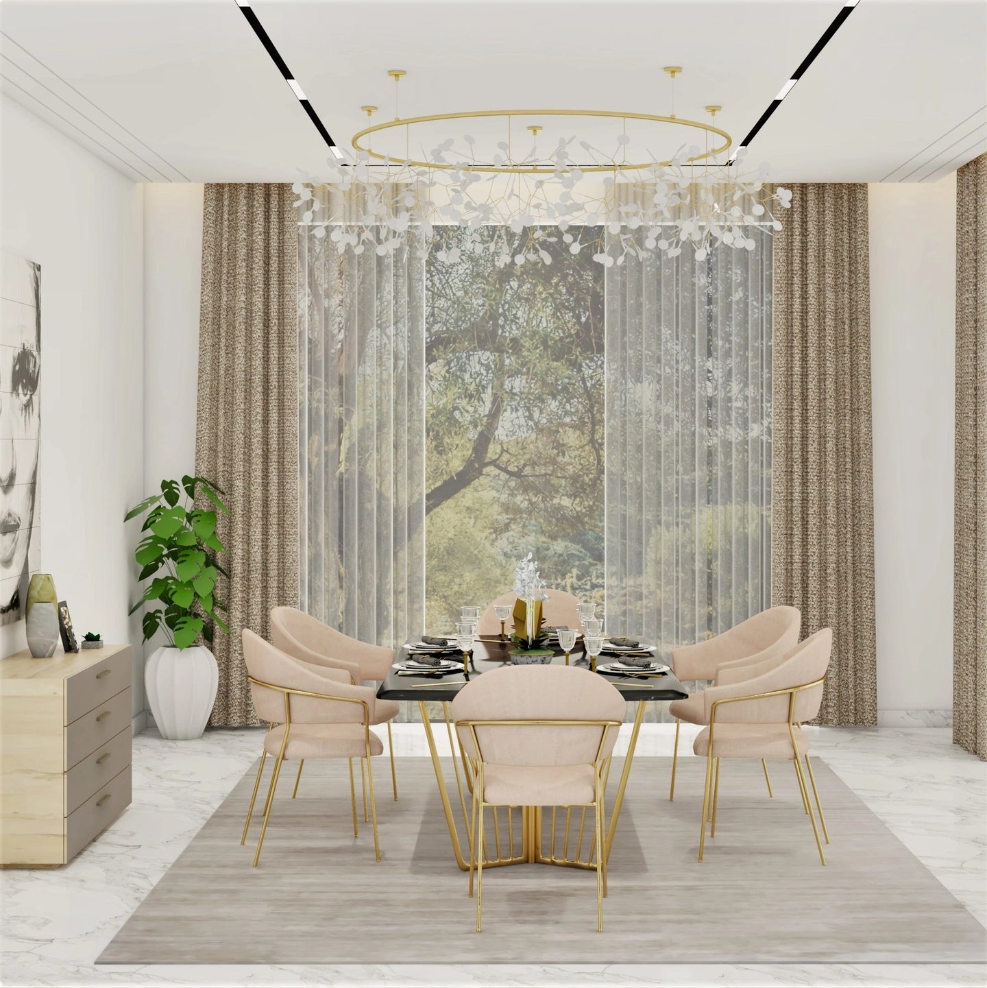 Contemporary 6-Seater Dining Room Design with Chandelier and Crockery Unit