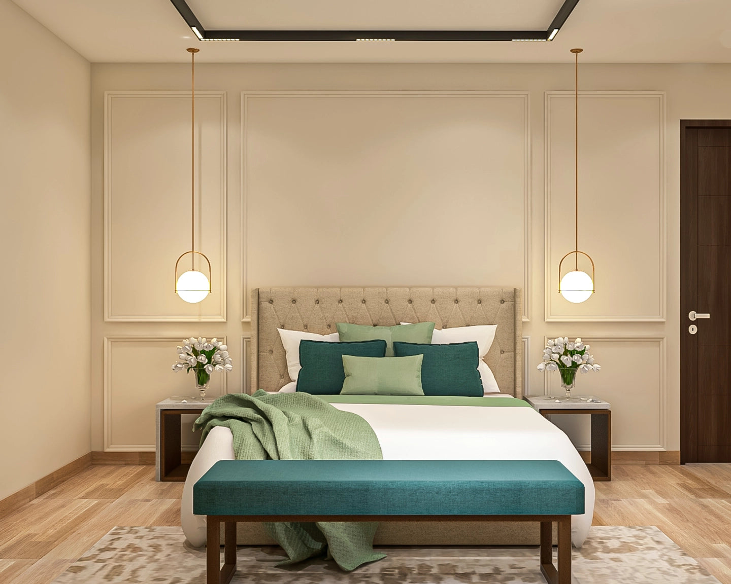 Beige and Green Modern Spacious Guest Room Interior