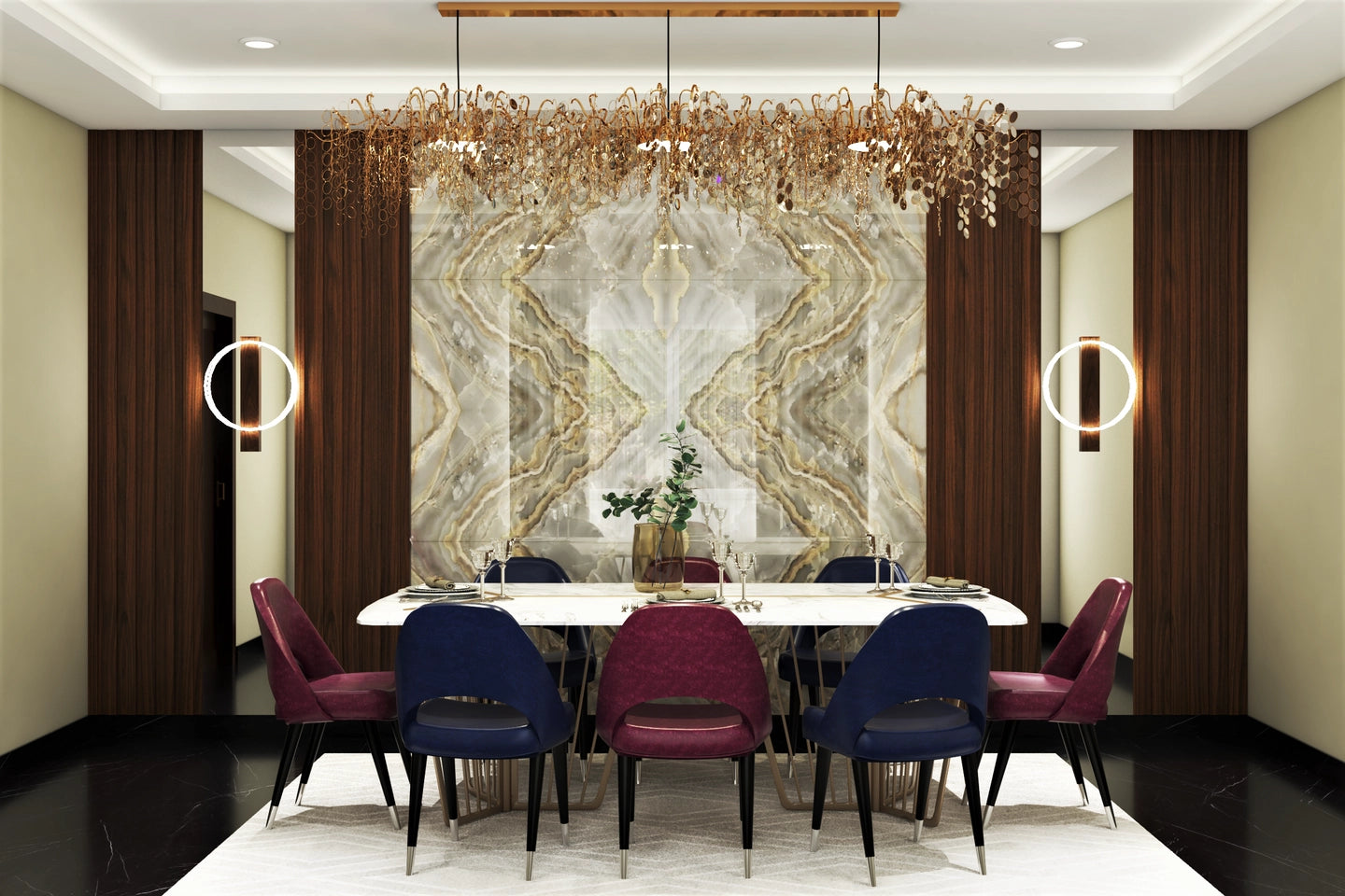 Classic Spacious 8-Seater Dining Room Design with Chandelier