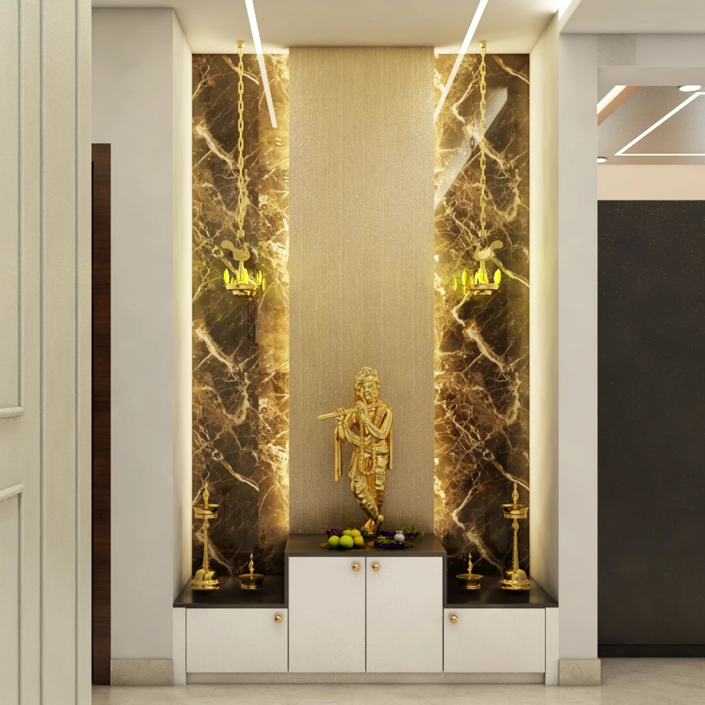 Black Marble Contemporary Spacious Pooja Room Design