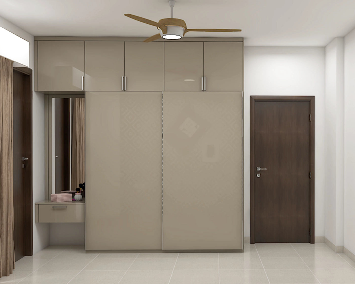 Brown Sliding Door Wardrobe Design With Loft