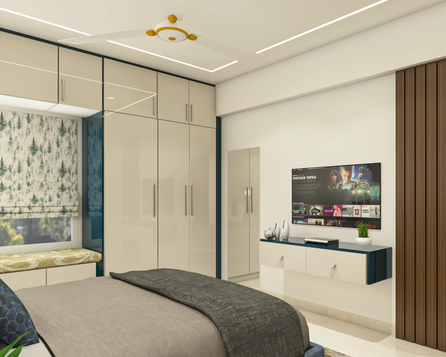 Contemporary Compact Master Bedroom Design with Blue Upholstery