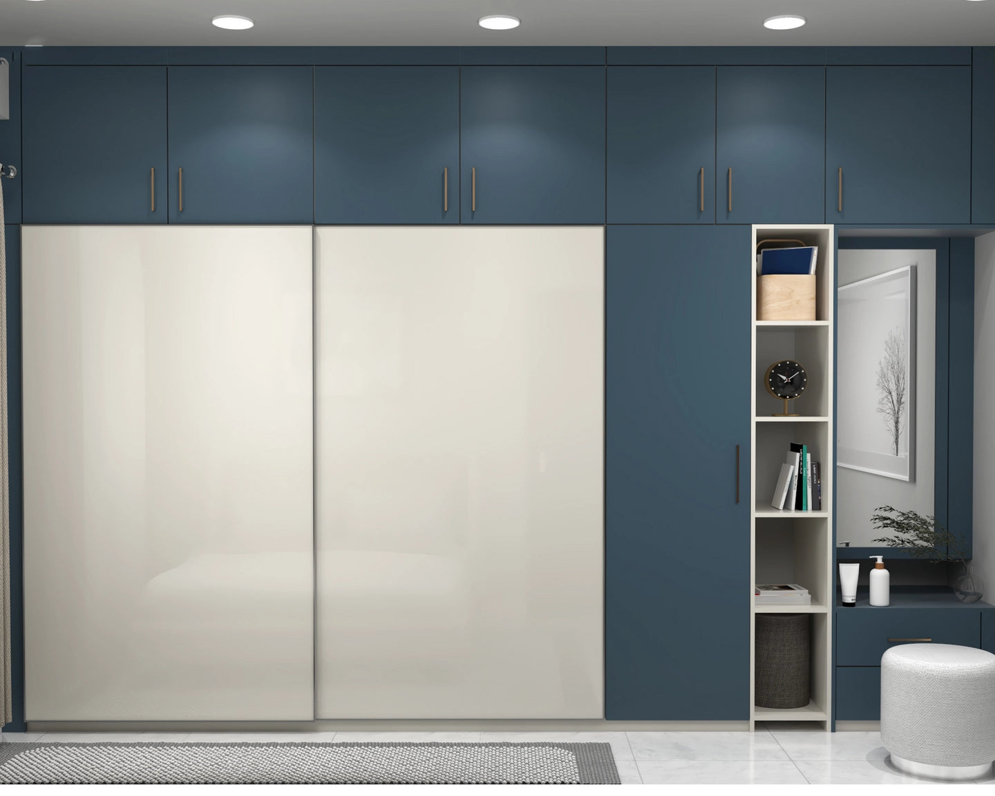 Blue And White Sliding Wardrobe Design With Loft