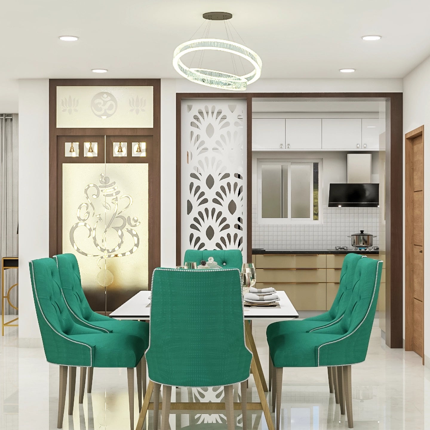 Contemporary Green 6-Seater Spacious Dining Room with Prayer Area