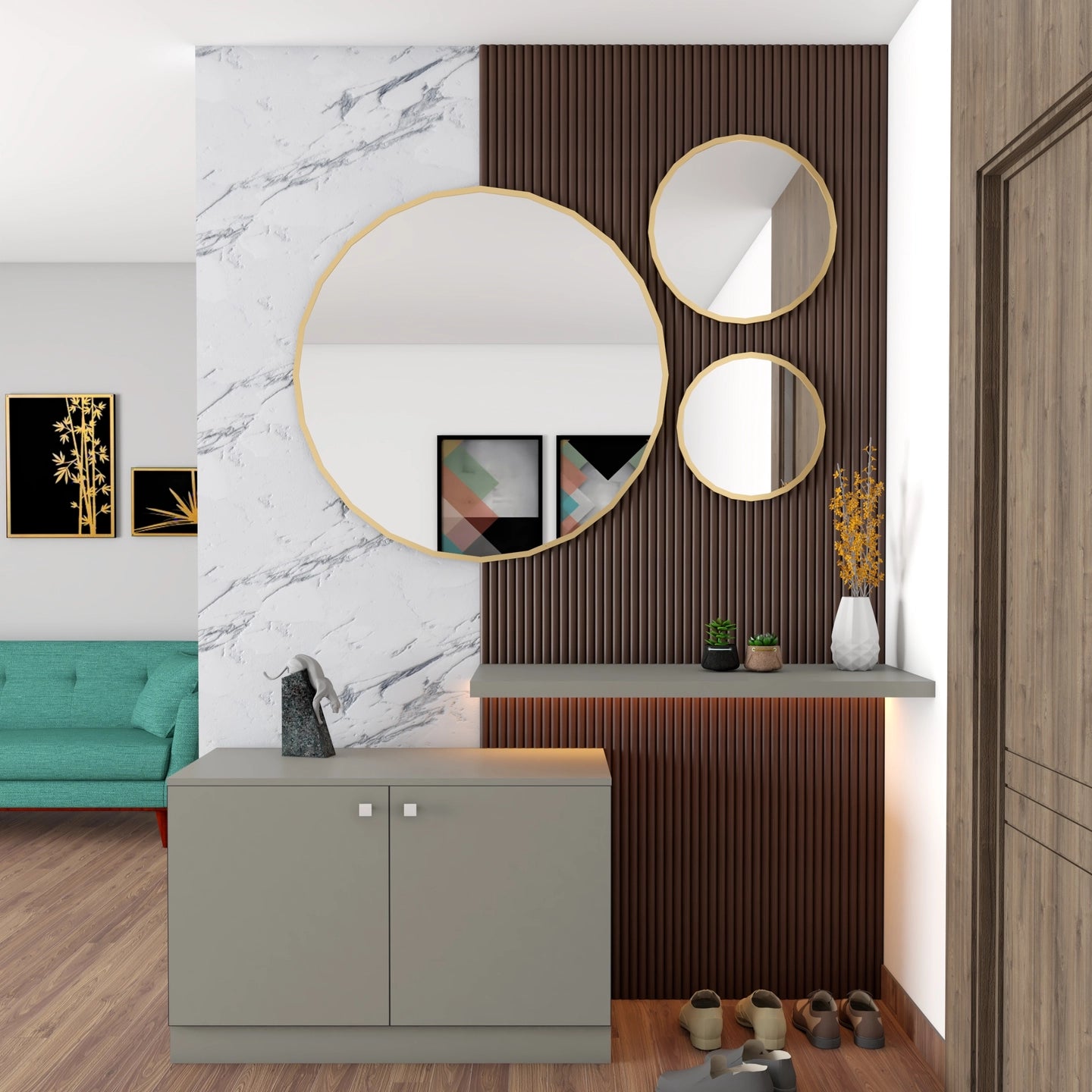 Classic Foyer Design With Marble Paneled Wall