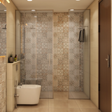 Compact Beige Bathroom Design With Backlit Vanity Mirror