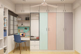 Colourful Hinged Modern Wardrobe Design with Loft and Mirror